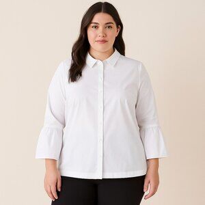 J. Jill White Shirt Collection Button Front 3/4 Gathered Bell Sleeve Top Women L